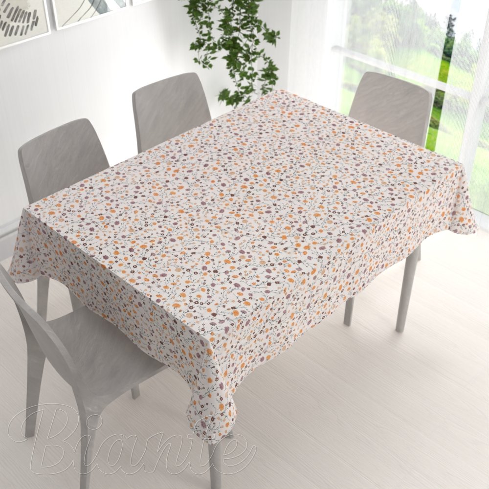 Bavlněný obdélníkový ubrus Sandra SA-720 Oranžovo-hnědo-béžové drobné květiny na smetanovém - detail 1 - Biante.cz