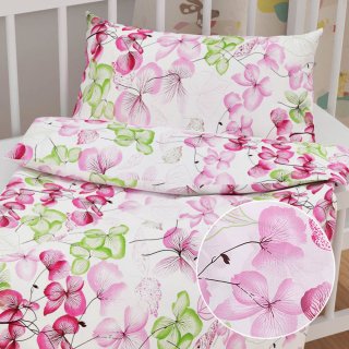 Dětské bavlněné povlečení do postýlky Sandra SA-366 Růžovo-zelené květy na bílém - Biante.cz