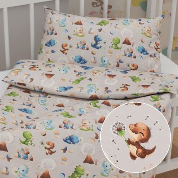Dětské bavlněné povlečení do postýlky Sandra SA-656 Modro-zeleno-hnědí dinosauříci na světle šedém - Biante.cz