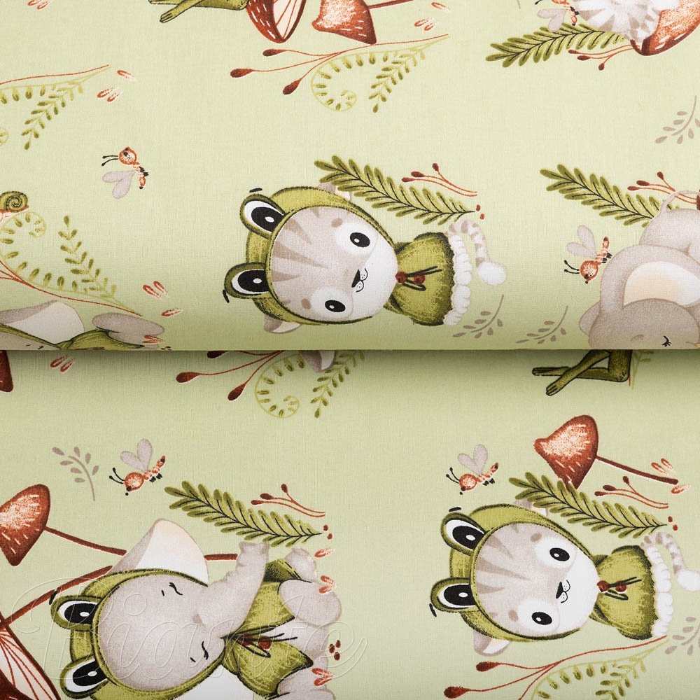 Dětská bavlněná látka/plátno Sandra SA-474 Žabky a zvířátka mezi houbami na zeleném - šířka 160 cm - detail 2 - Biante.cz