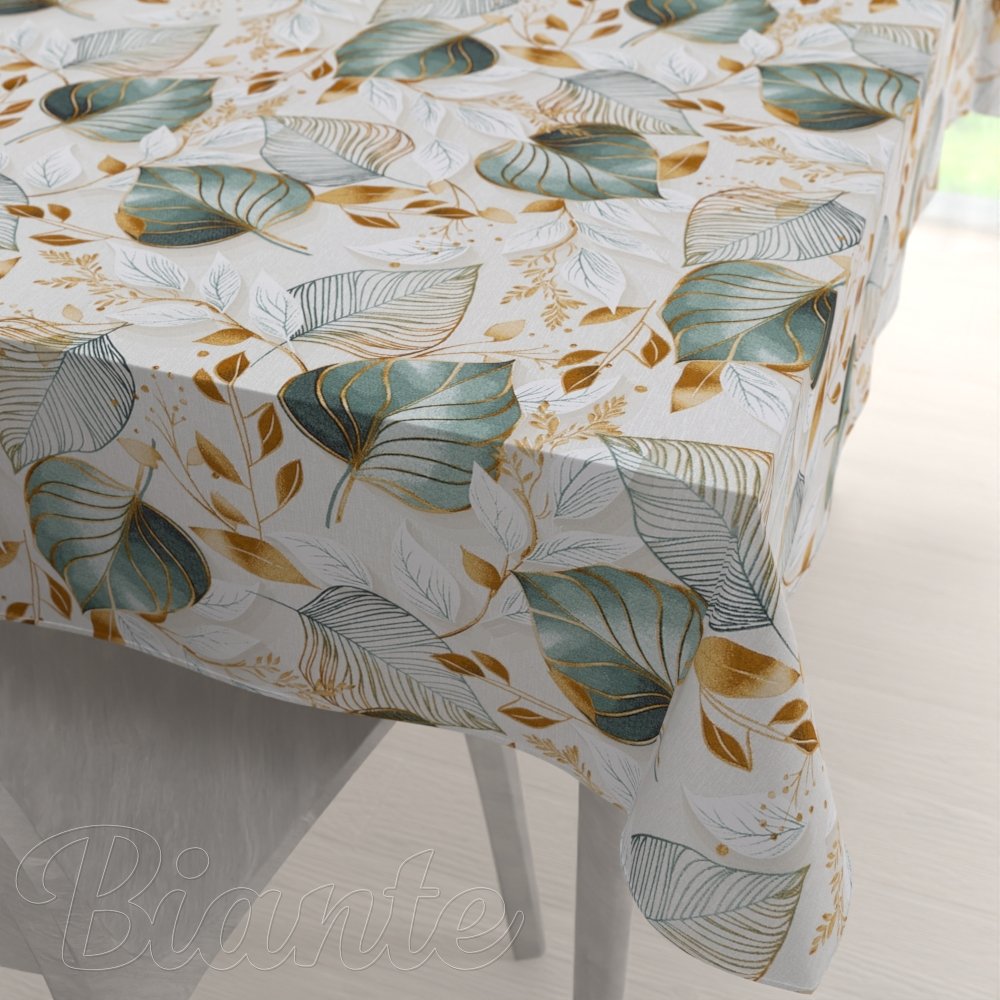 Dekorační obdélníkový ubrus Leona LN-174 Zelené listy na režném - Biante.cz