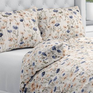 Bavlněné ložní povlečení Sandra SA-630 Modro-hnědé vlčí máky na světle vanilkovém - Biante.cz