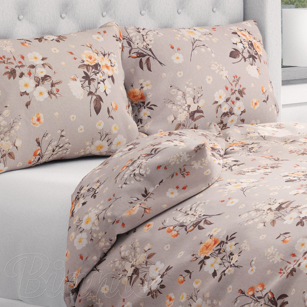 Bavlněné ložní povlečení Sandra SA-739 Růže a konvalinky na béžovošedém - Biante.cz