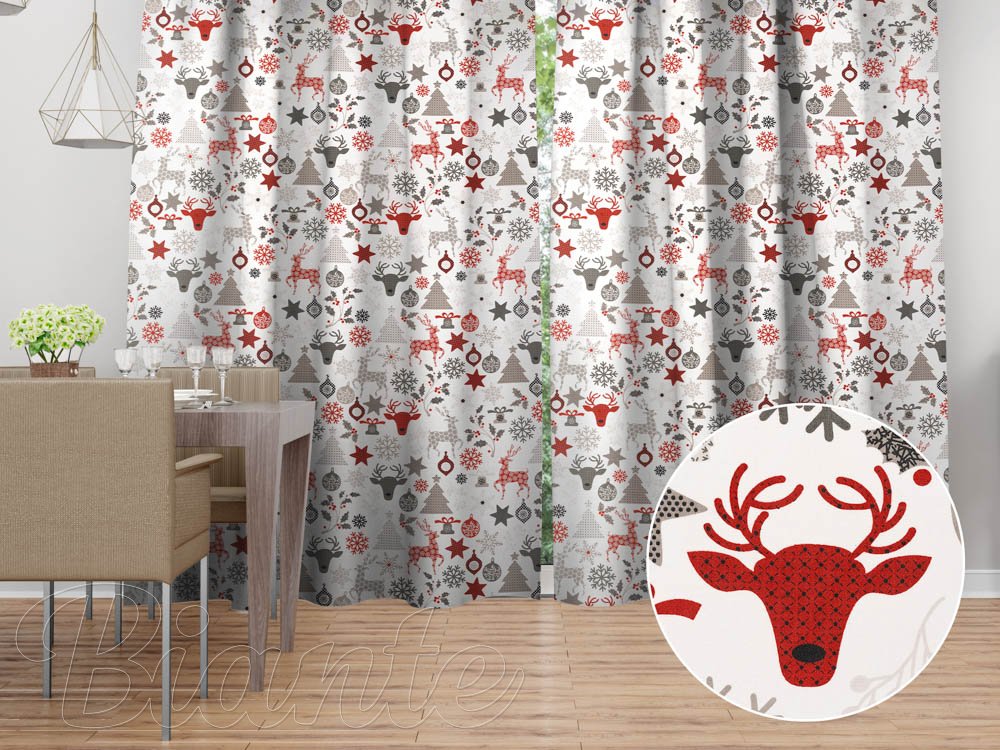 Bavlněný závěs Sandra SA-541 Šedo-červené vánoční motivy na bílém - Biante.cz