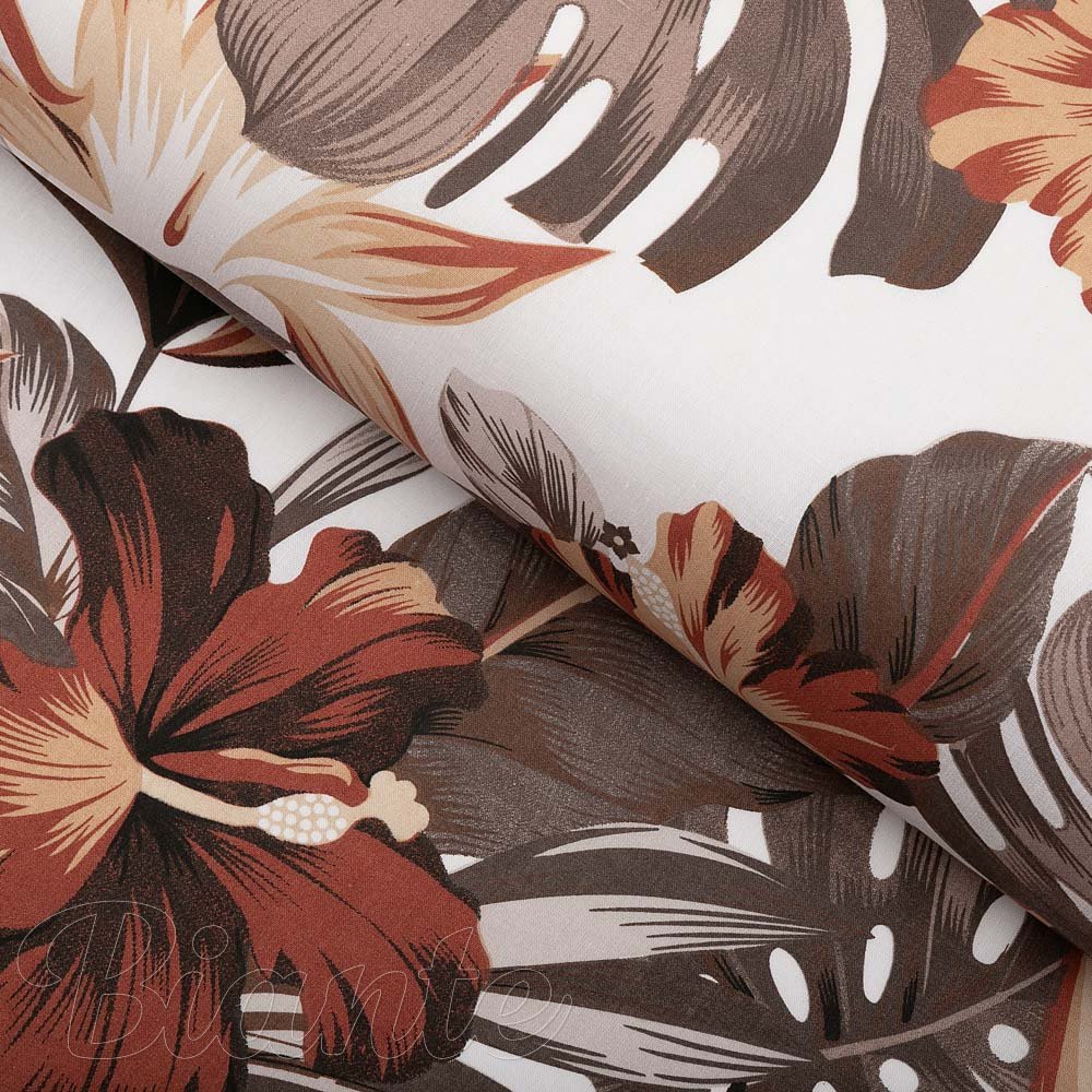 Bavlněná látka/plátno Sandra SA-441 Hnědo-cihlové květy a listy monstery - šířka 160 cm - Biante.cz