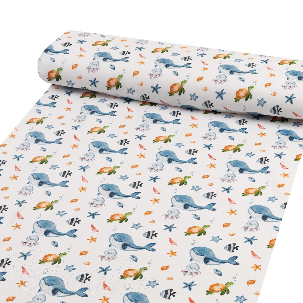 Dětská bavlněná látka/plátno Sandra SA-660 Modré velryby a mořská zvířátka na bílém - šířka 160 cm - detail 1 - Biante.cz