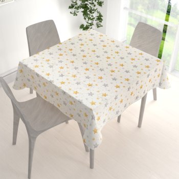 Luxusný dekoračný vianočný štvorcový obrus Parma PM-139 Strieborno-zlaté hviezdičky na strieborno-krémovom - detail 1 - Biante.sk