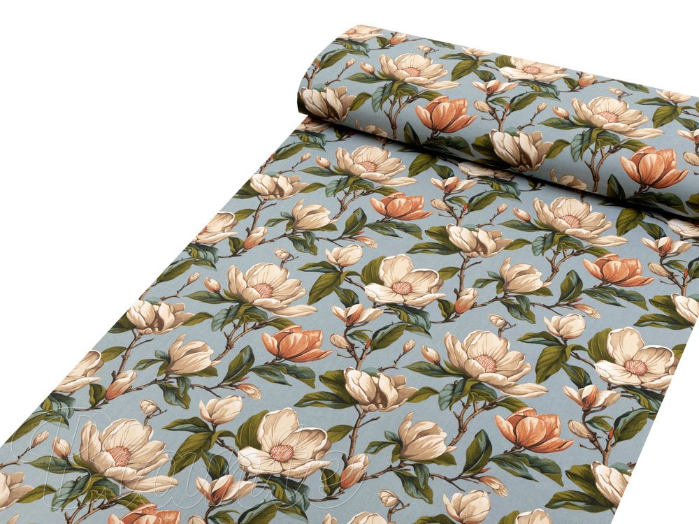 Bavlněná látka/plátno Sandra SA-545 Květy magnolie na šedomodrém - šířka 160 cm - detail 1 - Biante.cz