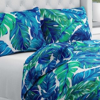 Bavlnené posteľné obliečky Sandra SA-606 Modro-zelené tropické listy na bielom - Biante.sk