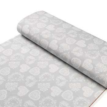 Dekorační látka PML-071 Srdce s ornamenty na šedém - šířka 150 cm