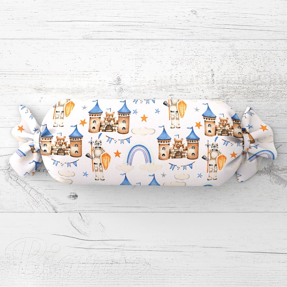 Dětský polštář válec bonbon Sandra SA-666 Modro-hnědé hrady a rytíři na bílém - Biante.cz