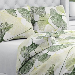 Bavlněné ložní povlečení Sandra SA-576 Zelené Ginkgo listy na bílém - Biante.cz