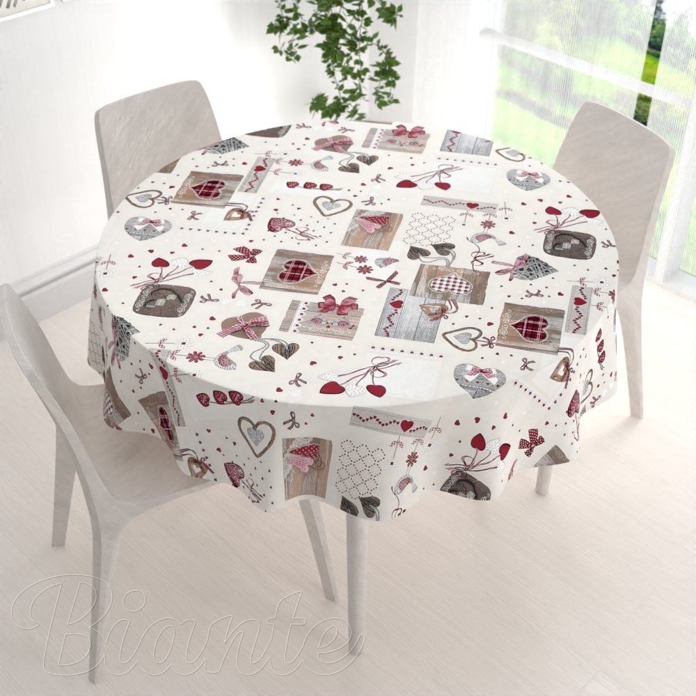 Dekorační kulatý ubrus Porto PRT-015 Vínovo-šedá srdíčka na krémovém - detail 1 - Biante.cz