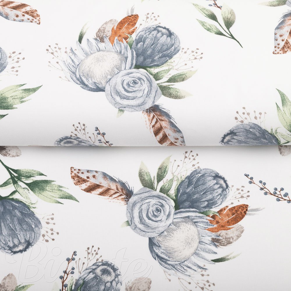 Bavlněná látka/plátno Sandra SA-707 Modré květy Protea na bílém - šířka 160 cm - detail 2 - Biante.cz