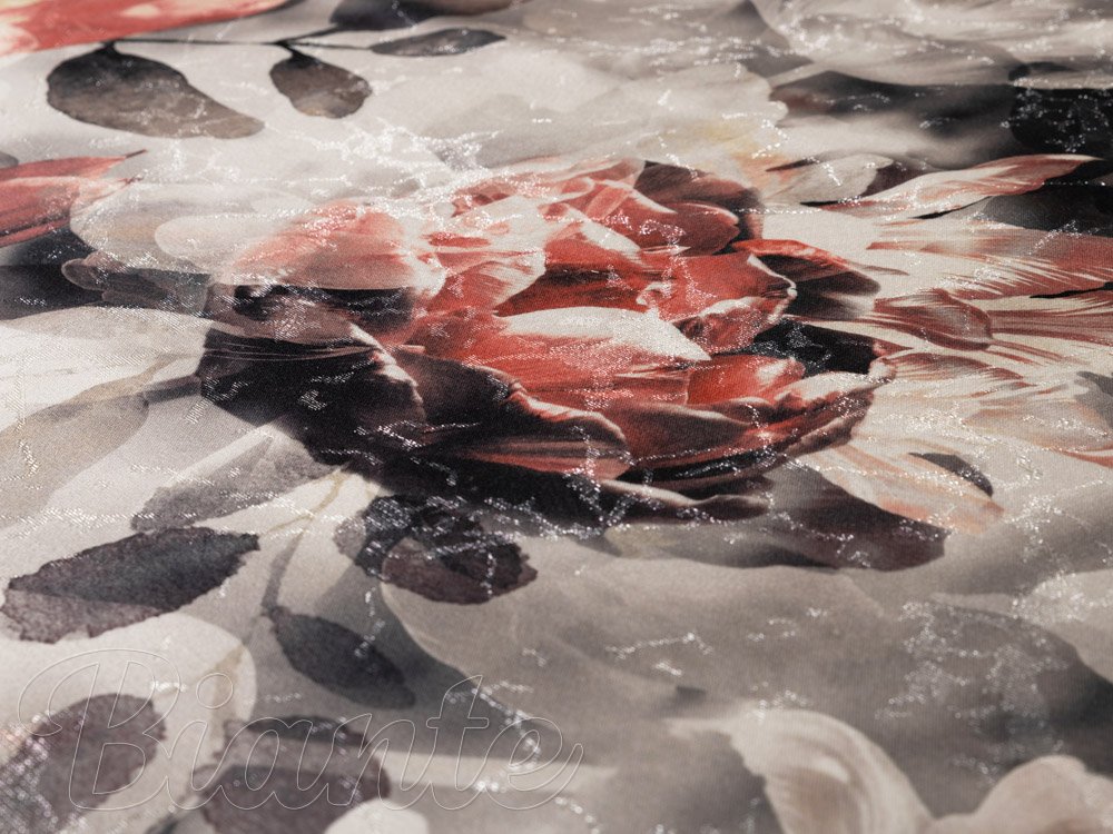 Dekorační látka Parma PM-111 Cihlově červené květy na kouřově šedohnědém - šířka 150 cm - detail 3 - Biante.cz