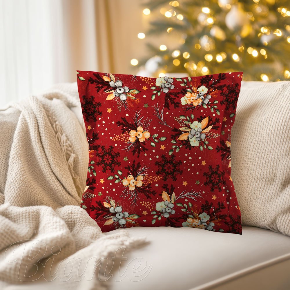 Bavlněný povlak na polštář s lemem Sandra SA-714 Vánoční cesmíny na červeném - detail 1 - Biante.cz