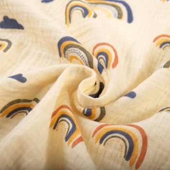 Mušelín dvojitá gázovina MSN-073 Duhy na krémově žlutém - metráž šířka 140 cm - detail 1 - Biante.cz
