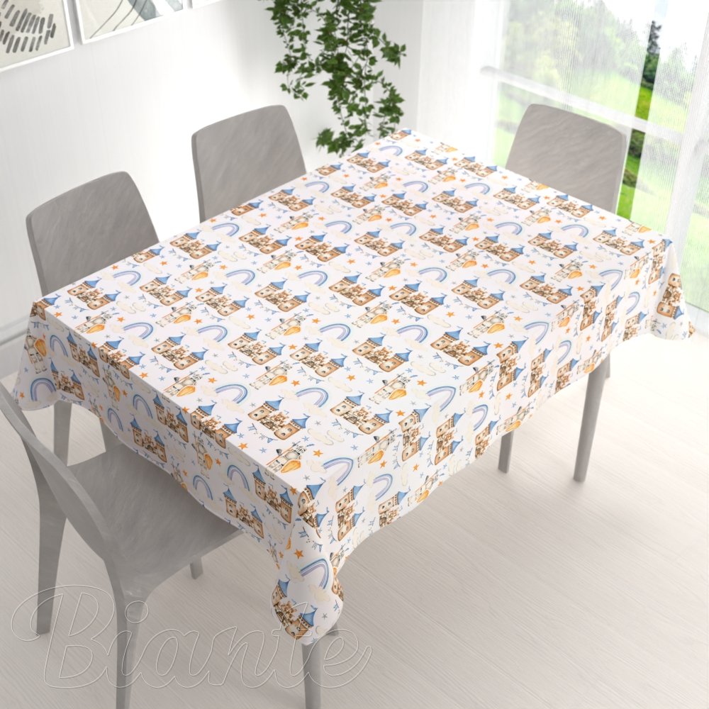 Dětský bavlněný obdélníkový ubrus Sandra SA-666 Modro-hnědé hrady a rytíři na bílém - detail 1 - Biante.cz