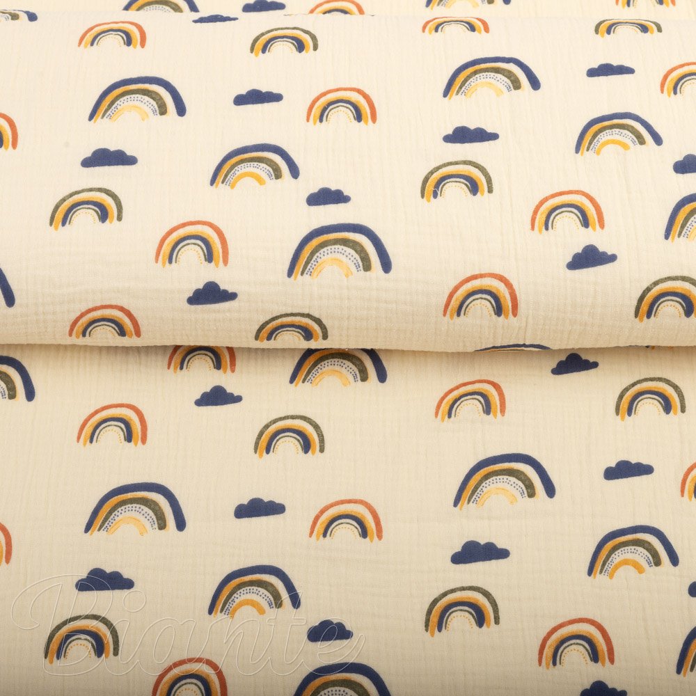 Mušelín dvojitá gázovina MSN-073 Duhy na krémově žlutém - metráž šířka 140 cm - detail 5 - Biante.cz