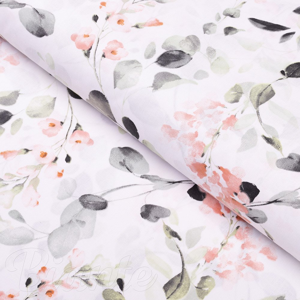 Bavlněná látka/plátno Sandra SA-288 Eukalyptus s růžovými květy na bílém - šířka 160 cm - Biante.cz