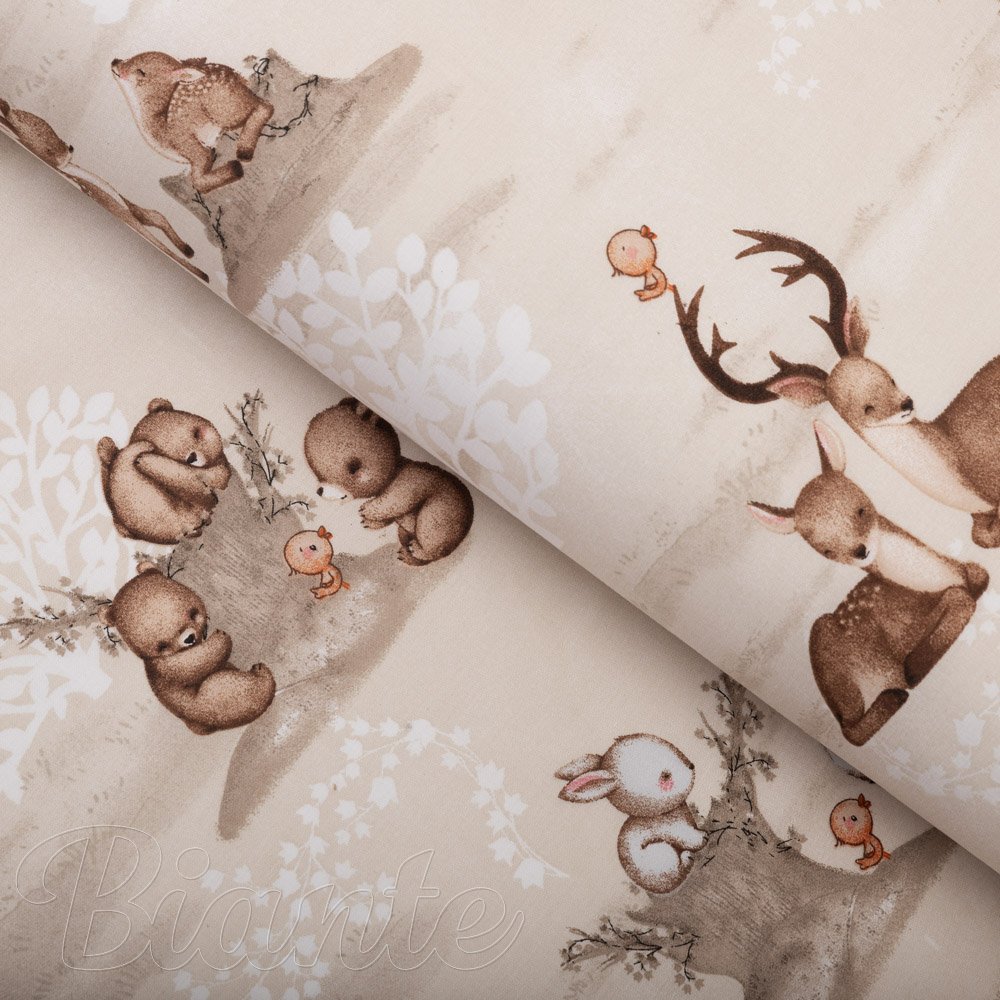 Dětská bavlněná látka/plátno Sandra SA-698 Hnědá lesní zvířátka na béžovém - šířka 160 cm - Biante.cz