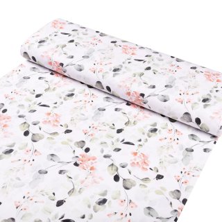 Bavlněná látka/plátno Sandra SA-288 Eukalyptus s růžovými květy na bílém - šířka 160 cm - detail 1 - Biante.cz