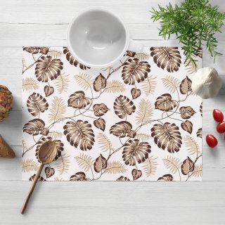 Bavlněné prostírání na stůl Sandra SA-498 Hnědé listy monstery na bílém - Biante.cz