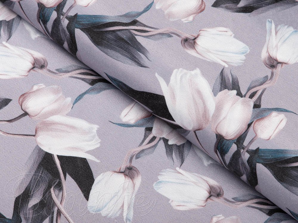 Dekorační látka PM-034 Bílé tulipány na šedém - šířka 150 cm - Biante.cz Dekorační látka PM-034 Bílé tulipány na šedém - šířka 150 cm - Biante.cz