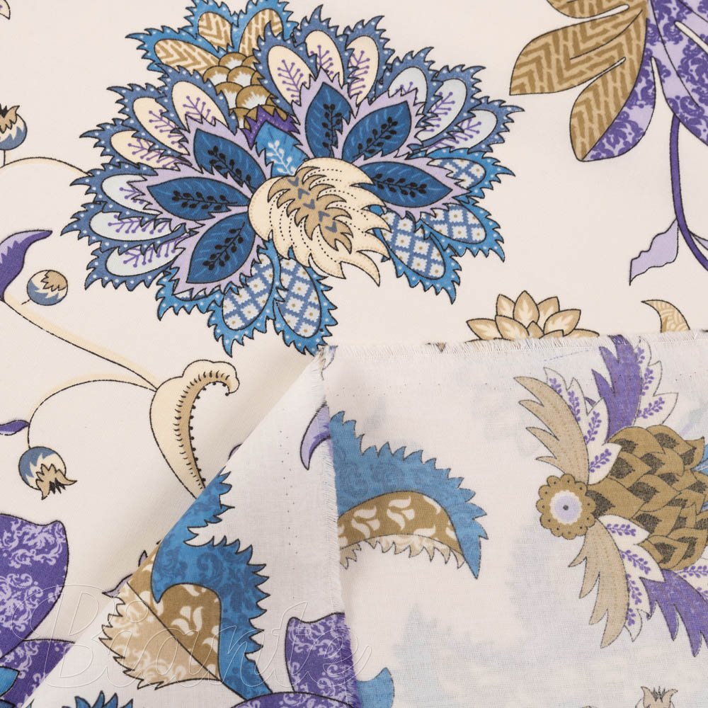 Bavlněná látka/plátno Sandra SA-539 Modro-fialové orientální květy na světle béžovém - šířka 160 cm - detail 4 - Biante.cz