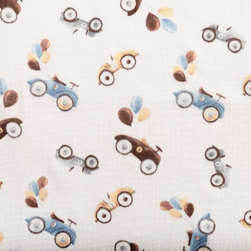 Mušelín dvojitá gázovina MSN-090 Autíčka s balonky na krémově bílém - metráž šířka 140 cm - detail 7 - Biante.cz