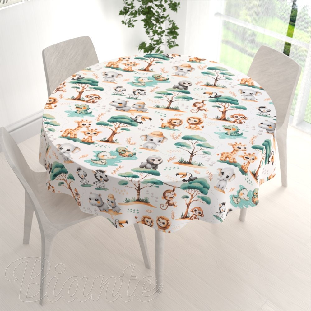 Dětský bavlněný kulatý ubrus Sandra SA-513 Africká zvířátka na bílém - detail 1 - Biante.cz