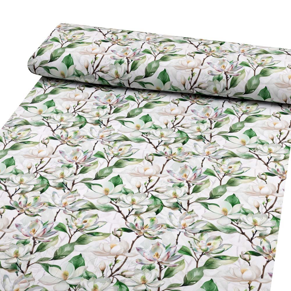 Teflonová látka na ubrusy TF-117 Květy magnolie na bílém - šířka 155 cm - detail 1 - Biante.cz