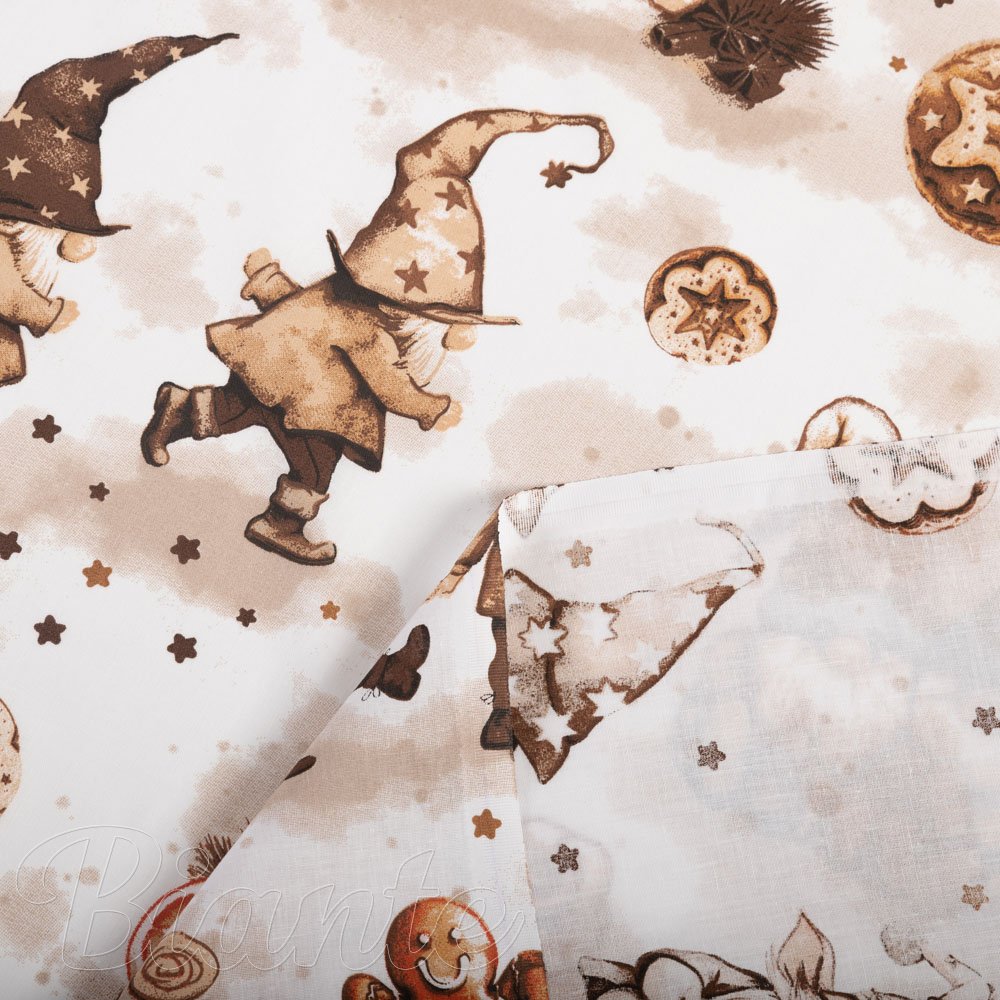 Vánoční bavlněná látka/plátno Sandra SA-663 Hnědí skřítci s perníčky na bílém - šířka 160 cm - detail 3 - Biante.cz