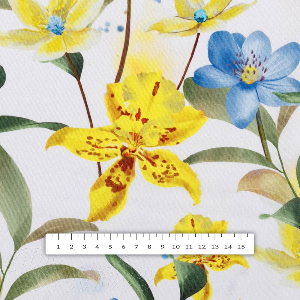 Teflonová látka na ubrusy TF-081 Žluto-modré lilie na bílém - šířka 155 cm - detail 7 - Biante.cz
