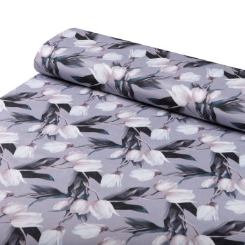Dekorační látka PML-034 Bílé tulipány na šedém - šířka 150 cm