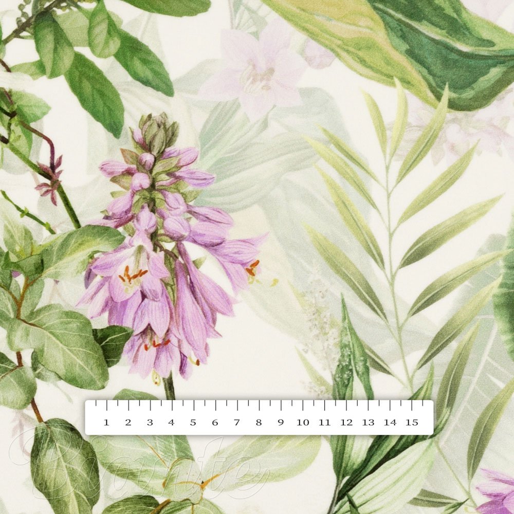 Sametová látka Tamara TMR-035 Fialové zvonky s listy na bílém - šířka 140 cm - detail 4 - Biante.cz
