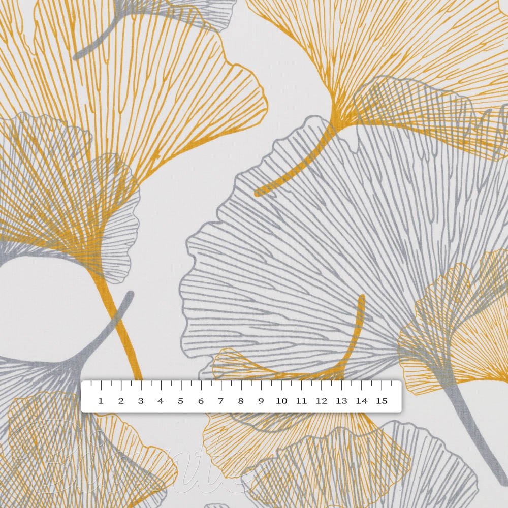 Bavlněná látka/plátno Sandra SA-745 Šedo-hořčicové ginkgo listy na bílém - šířka 160 cm - detail 3 - Biante.cz
