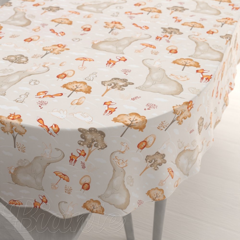 Dětský bavlněný oválný ubrus Sandra SA-692 Slon a jeho kamarádi na světle šedobéžovém - Biante.cz