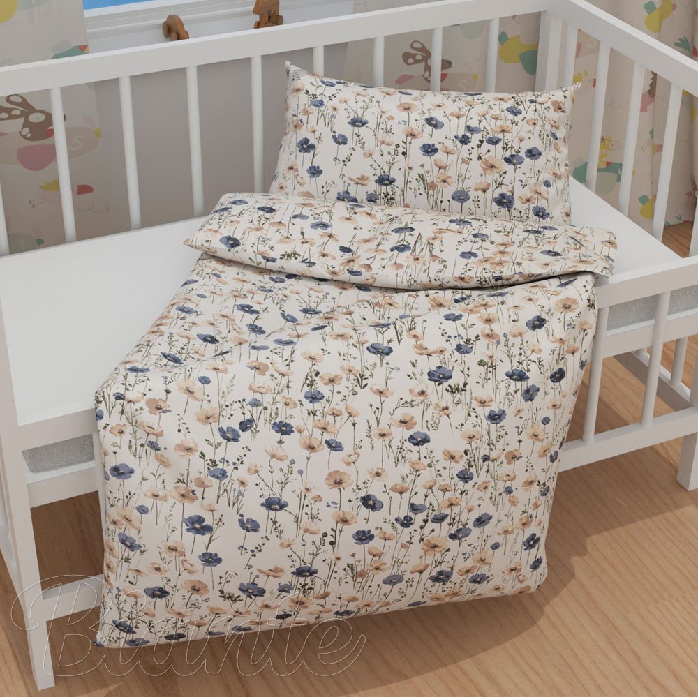 Dětské bavlněné povlečení do postýlky Sandra SA-630 Modro-hnědé vlčí máky na světle vanilkovém - detail 1 - Biante.cz