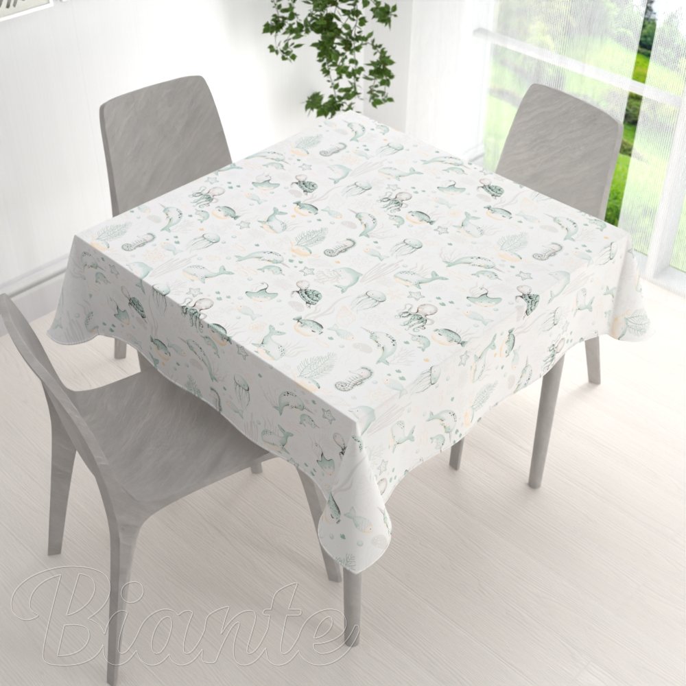 Dětský bavlněný čtvercový ubrus Sandra SA-688 Mořský svět zelený na bílém - detail 1 - Biante.cz