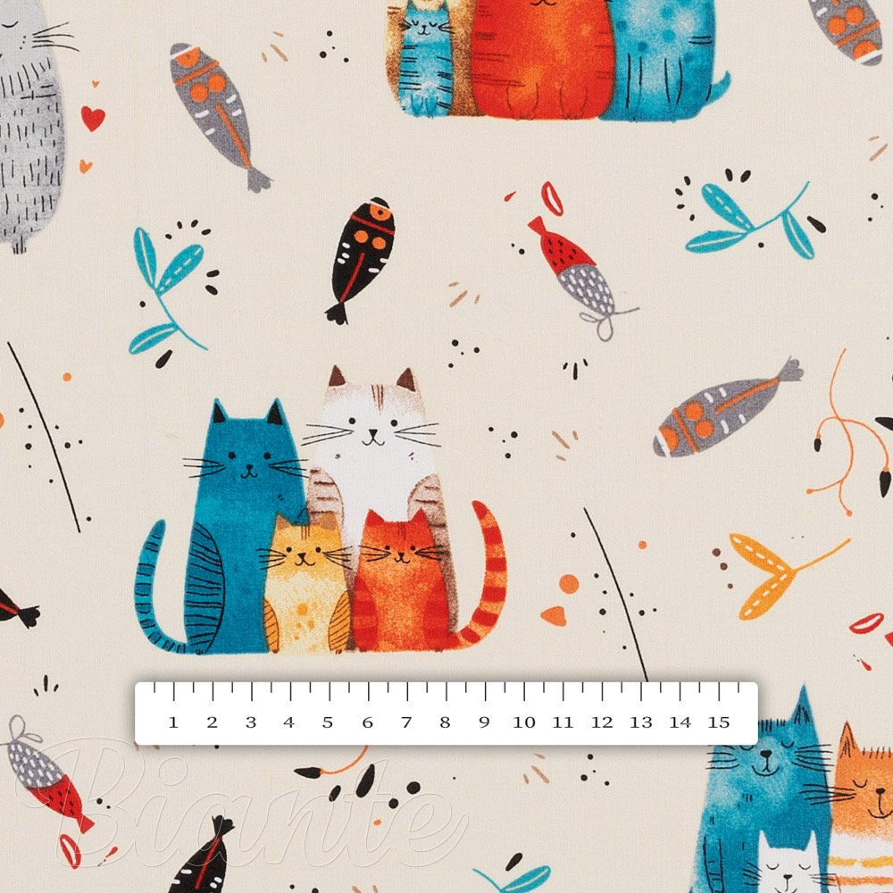 Dětská bavlněná látka/plátno Sandra SA-655 Kočičí svět modro-červený na krémovém - šířka 160 cm - detail 3 - Biante.cz