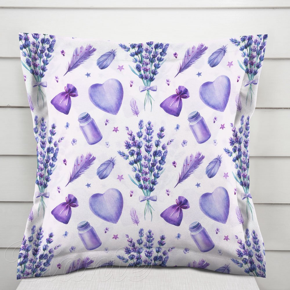 Dekorační povlak na polštář s lemem PML-055 Levandule a srdce na bílém - Biante.cz