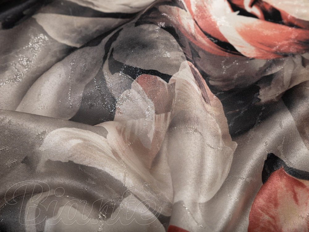 Dekorační látka Parma PM-111 Cihlově červené květy na kouřově šedohnědém - šířka 150 cm - detail 8 - Biante.cz