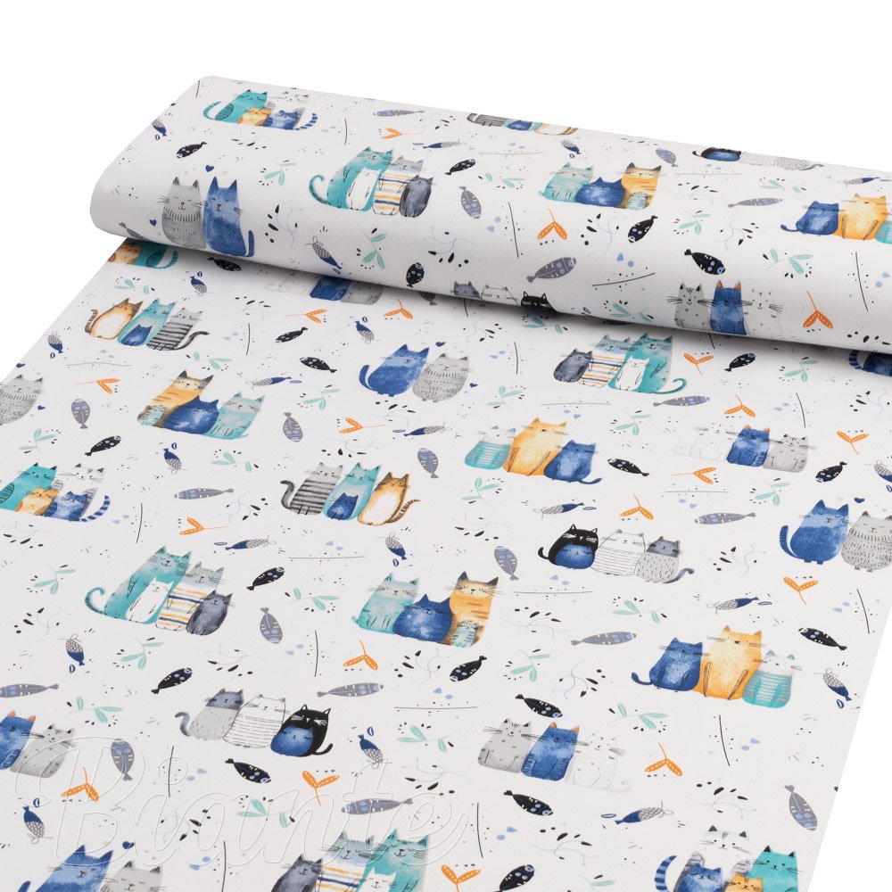 Dětská bavlněná látka/plátno Sandra SA-653 Kočičí svět modrý na bílém - šířka 160 cm - detail 1 - Biante.cz