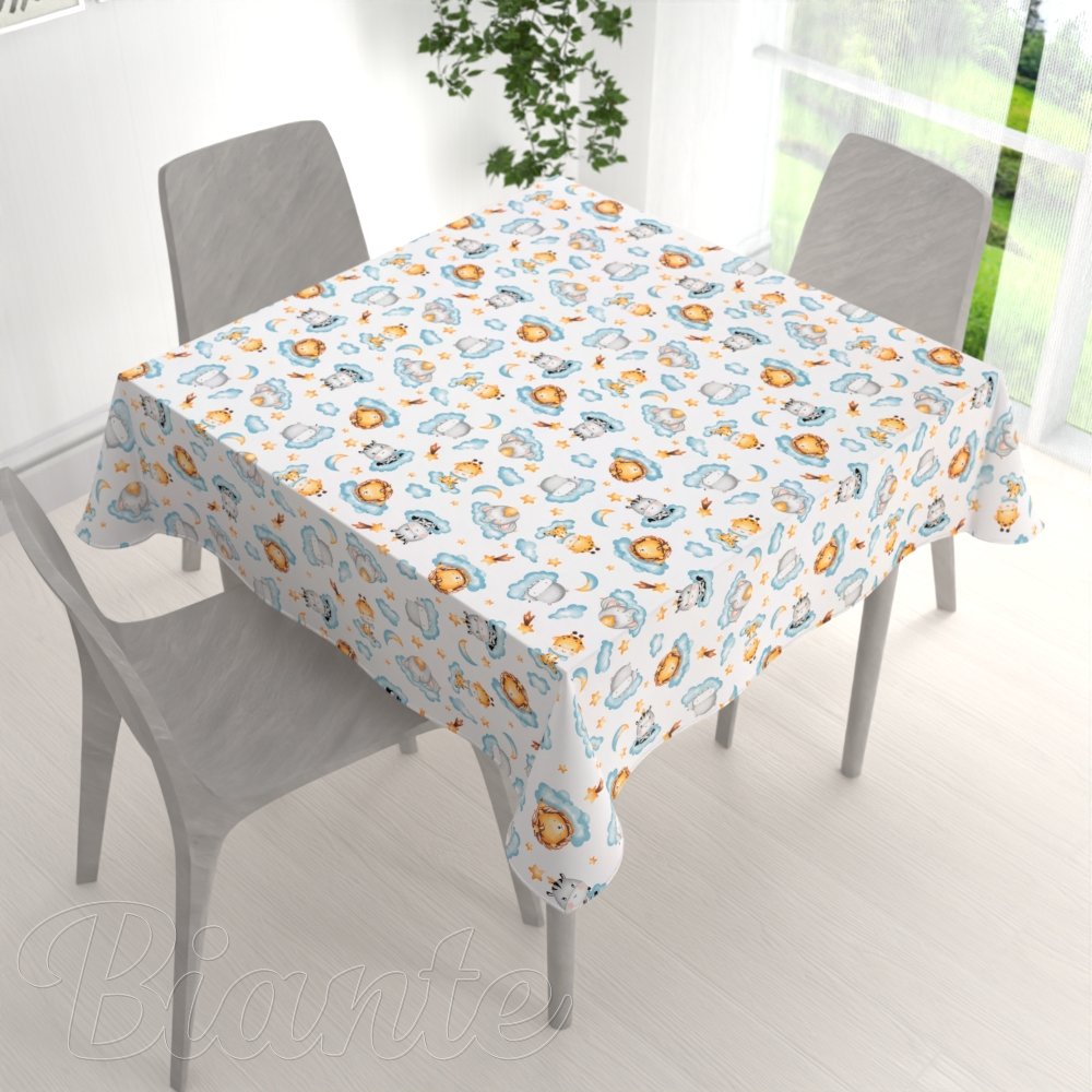 Dětský bavlněný čtvercový ubrus Sandra SA-693 Africká zvířátka na modrých obláčcích na bílém - detail 1 - Biante.cz