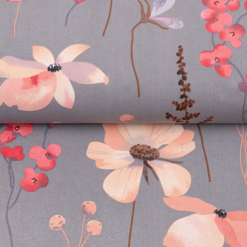 Bavlněná látka/plátno Sandra SA-537 Růžové květiny na šedém - šířka 160 cm - 2.JAKOST - detail 2 - Biante.cz