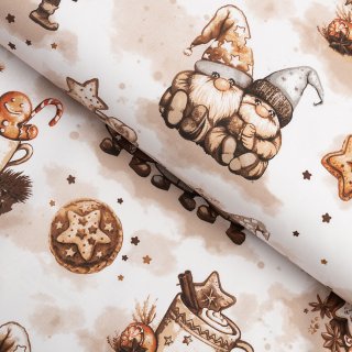 Vánoční bavlněná látka/plátno Sandra SA-663 Hnědí skřítci s perníčky na bílém - šířka 160 cm - Biante.cz Vánoční bavlněná látka/plátno Sandra SA-663 Hnědí skřítci s perníčky na bílém - šířka 160 cm - Biante.cz