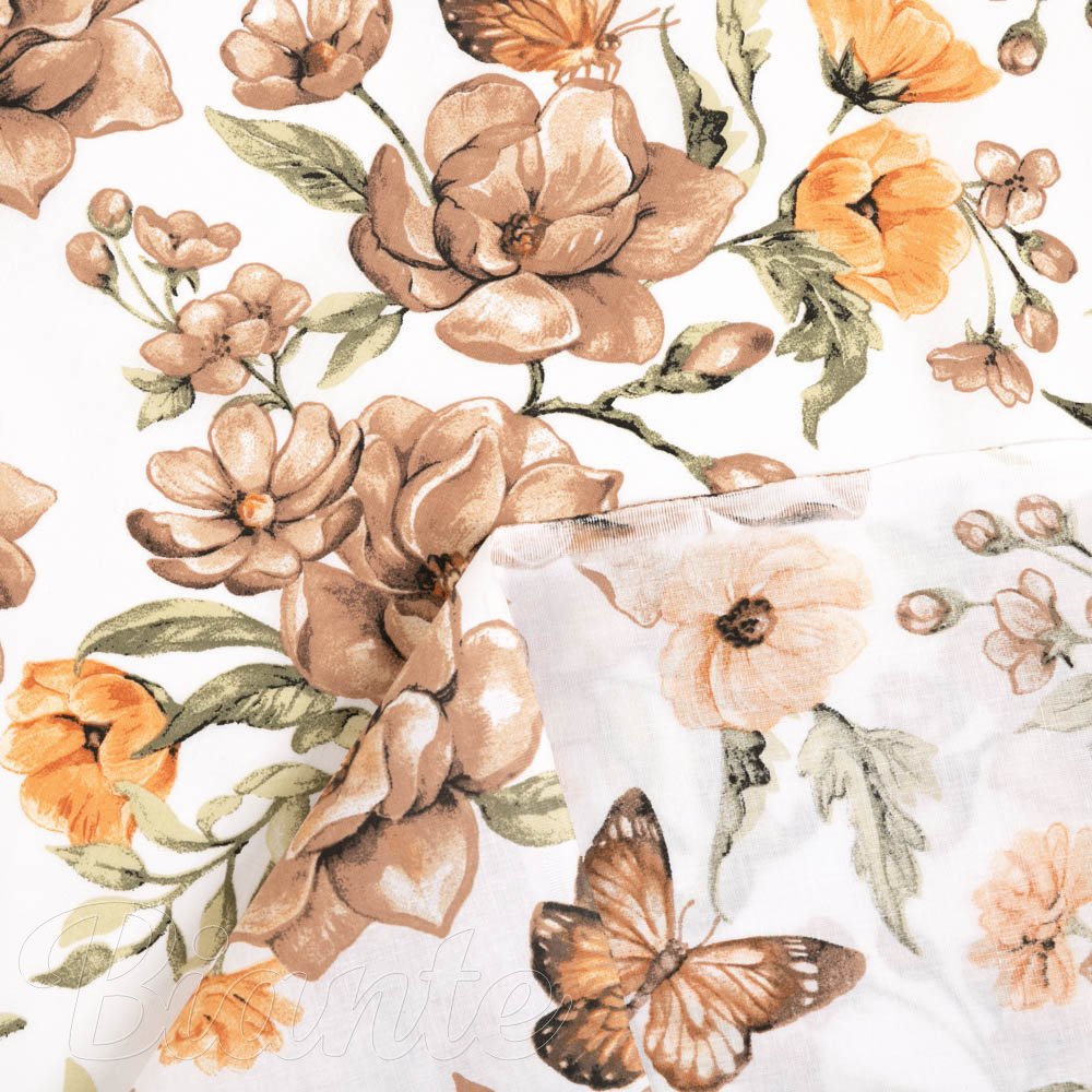 Bavlněná látka/plátno Sandra SA-458 Hnědé květy magnolie s motýlky na bílém - šířka 160 cm - detail 4 - Biante.cz
