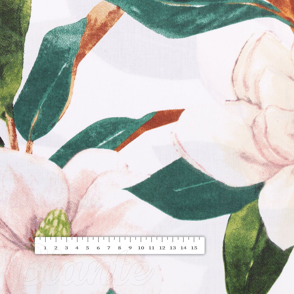 Bavlněná látka/plátno Sandra SA-293 Magnolie se zelenými listy na bílém - šířka 160 cm - detail 3 - Biante.cz