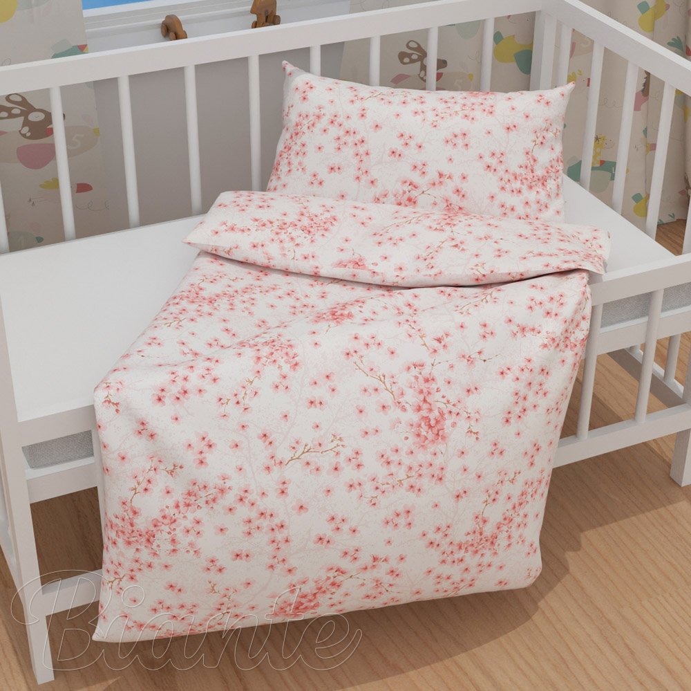 Dětské bavlněné povlečení do postýlky Sandra SA-633 Růžové třešňové květy na bílém - detail 1 - Biante.cz